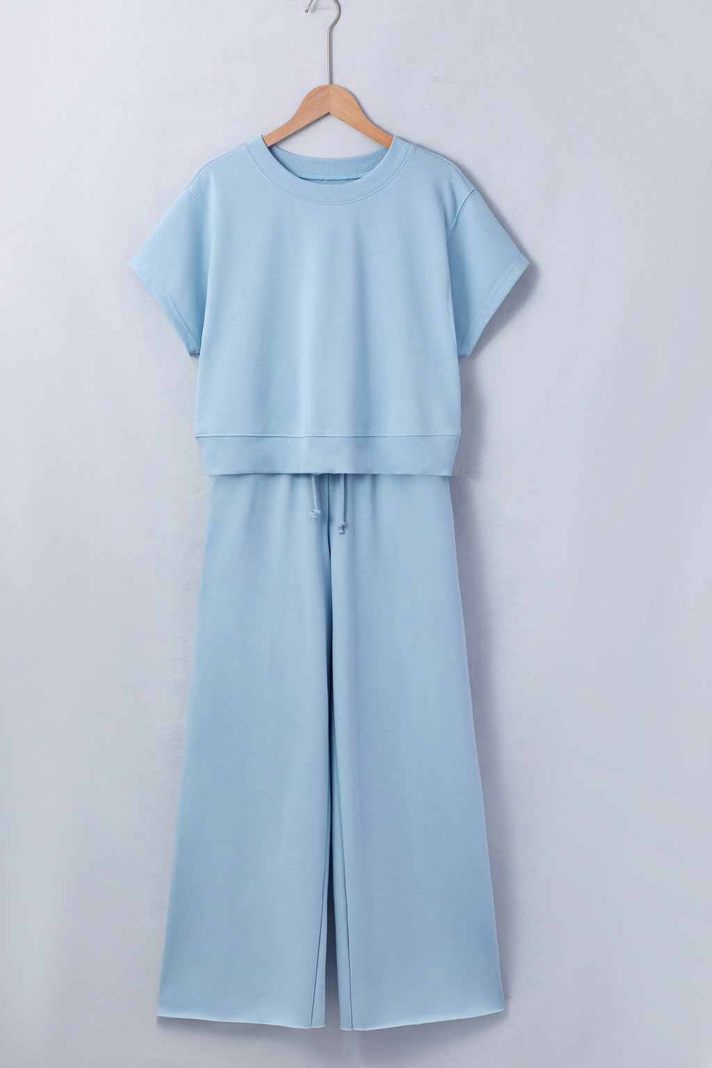 Mist Blue two-piece outfit with loose tee and wide-leg drawstring pants from Dear-Lover Dropshipping, polyester-cotton blend, casual style.