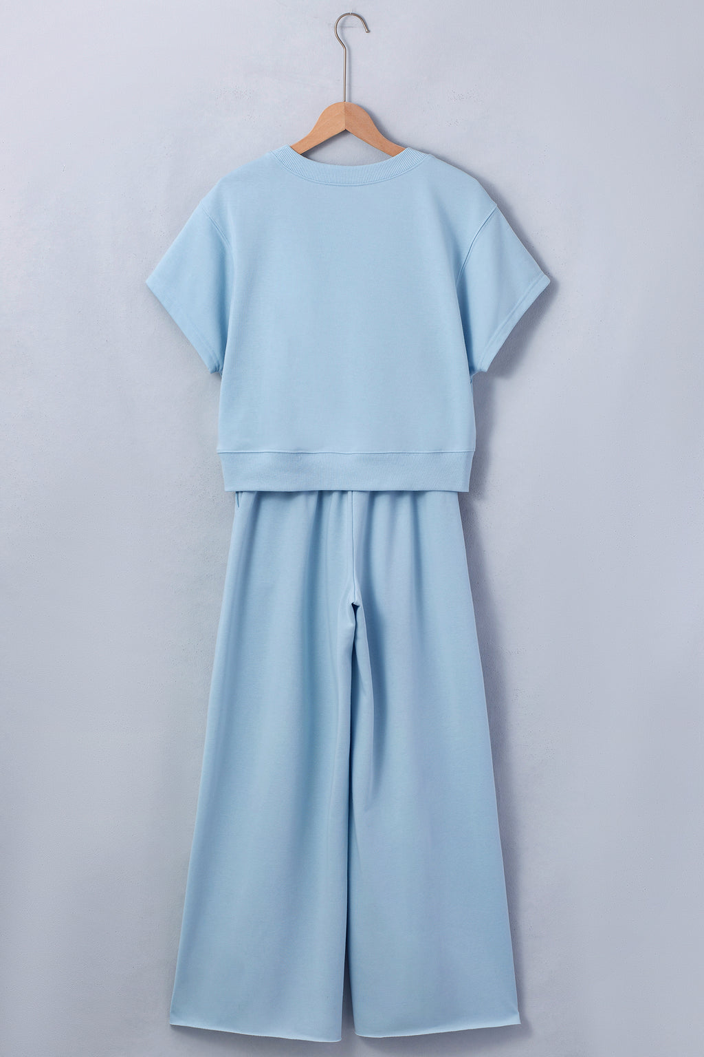 Mist Blue solid color two-piece set with loose tee and wide-leg drawstring pants from Dear-Lover, perfect for casual wear.