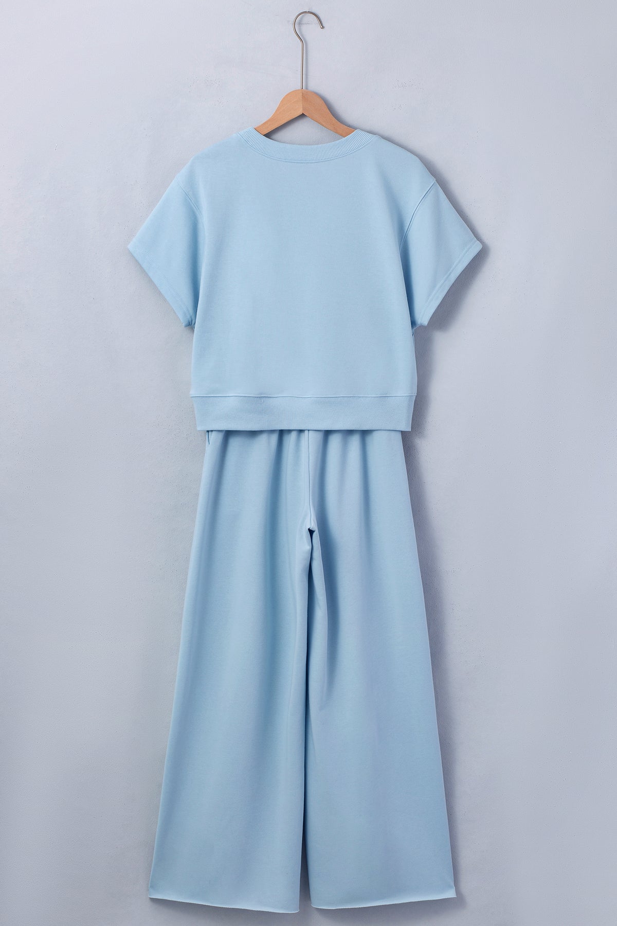 Mist Blue solid color two-piece set with loose tee and wide-leg drawstring pants from Dear-Lover, perfect for casual wear.