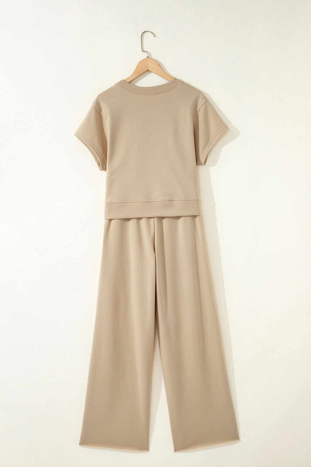 Mist Blue solid color two-piece outfit with loose tee and wide-leg drawstring pants from Dear-Lover, made of polyester and cotton.
