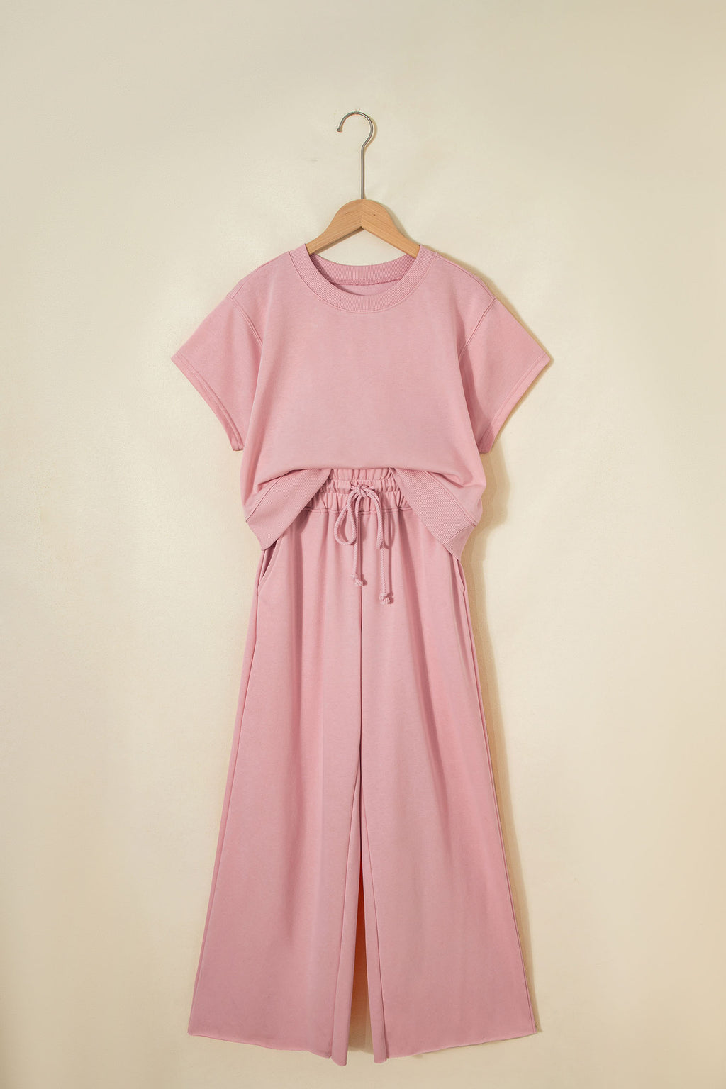Mist Blue solid color two-piece set with loose tee and wide-leg drawstring pants from Dear-Lover, perfect casual summer outfit.