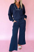 Navy blue contrast piping zipped pullover and cropped pants set by Dear-Lover, two-piece casual outfit for women.