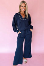 Navy blue contrast piping zipped pullover and cropped pants set by Dear-Lover, two-piece polyester-cotton casual outfit for women.