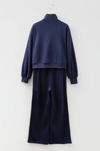 Navy blue contrast piping zipped cropped pants set by Dear-Lover, includes matching pullover and pants, made of polyester and cotton.