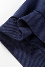 Navy blue contrast piping zipped pullover and cropped pants set by Dear-Lover, two-piece casual outfit with polyester and cotton fabric.