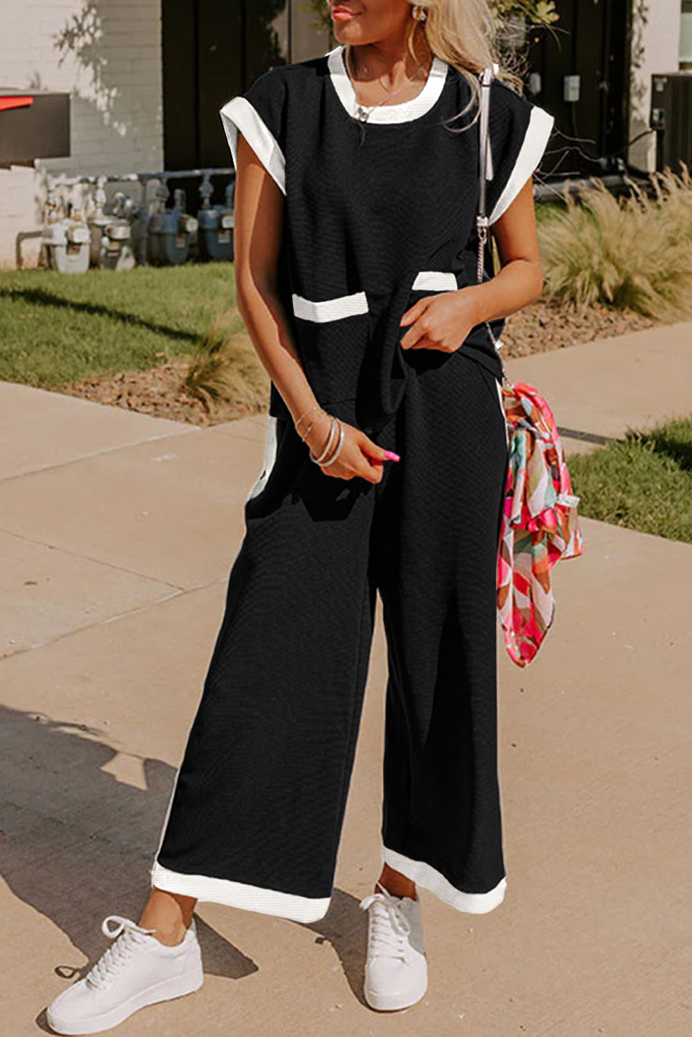 Black color block pocketed T-shirt and wide-leg pants set by Dear-Lover, navy blue, polyester, viscose, elastane fabric.