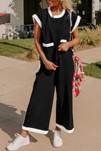 Black color block pocketed T-shirt and wide-leg pants set by Dear-Lover, navy blue, polyester, viscose, elastane fabric.