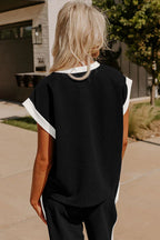 Black color block pocketed T-shirt and wide-leg pants set by Dear-Lover, stylish two-piece outfit in navy blue with comfortable fabric.