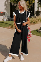 Black color block pocketed T-shirt and wide-leg pants set by Dear-Lover, stylish two-piece outfit for casual wear.