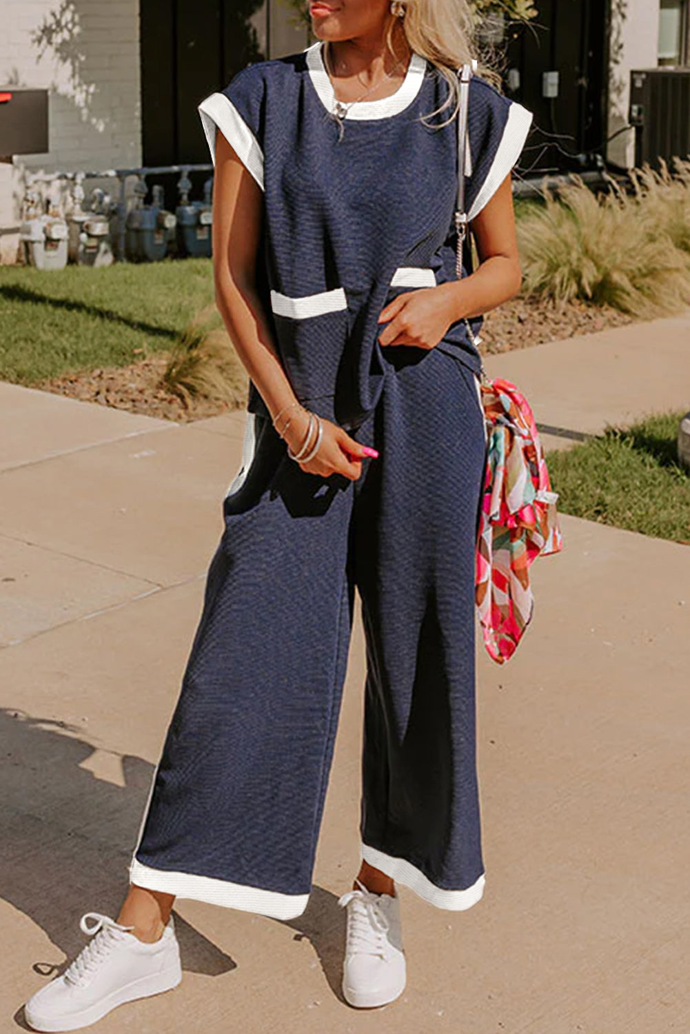 Black color block pocketed T-shirt and wide-leg pants set by Dear-Lover, navy blue two-piece outfit with comfortable fabric.