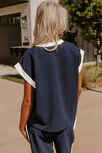 Black color block pocketed T-shirt and wide-leg pants set from Dear-Lover, stylish two-piece outfit in navy blue and black.