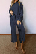 Navy blue Dear-Lover Ultra Loose Textured 2-piece slouchy outfit with relaxed fit and comfortable fabric, includes matching top and pants.