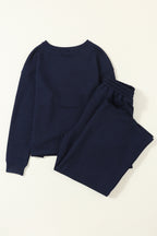 Navy blue ultra-loose textured two-piece slouchy pant set by Dear-Lover, made of polyester and elastane, casual and comfortable.