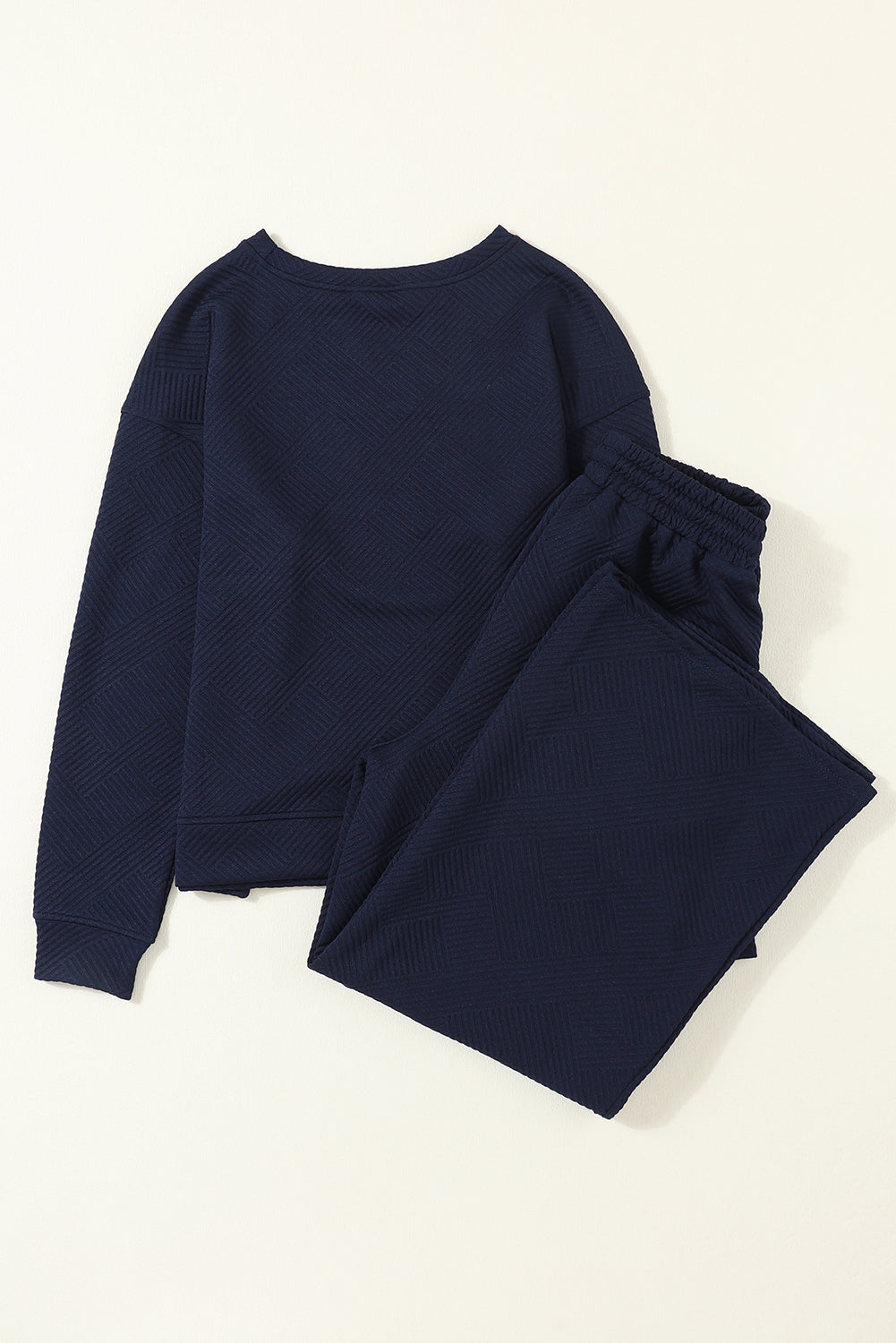 Navy blue ultra-loose textured two-piece slouchy pant set by Dear-Lover, made of polyester and elastane, casual and comfortable.