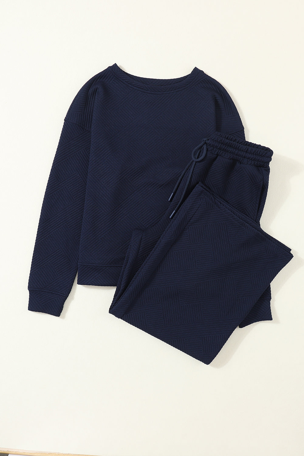 Navy blue ultra loose textured two-piece slouchy outfit by Dear-Lover, featuring relaxed-fit pants and top in polyester elastane fabric.