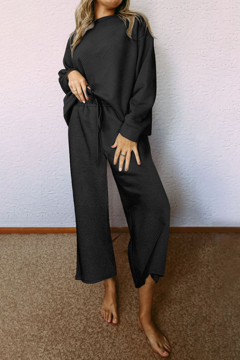 Navy blue ultra-loose textured two-piece slouchy outfit by Dear-Lover, includes comfortable pant set made of polyester and elastane.