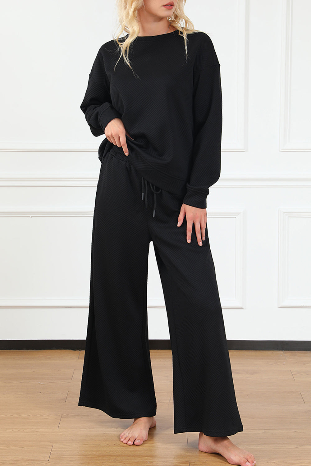 Navy blue Dear-Lover ultra-loose textured two-piece slouchy outfit with relaxed fit, polyester and elastane fabric, casual style.