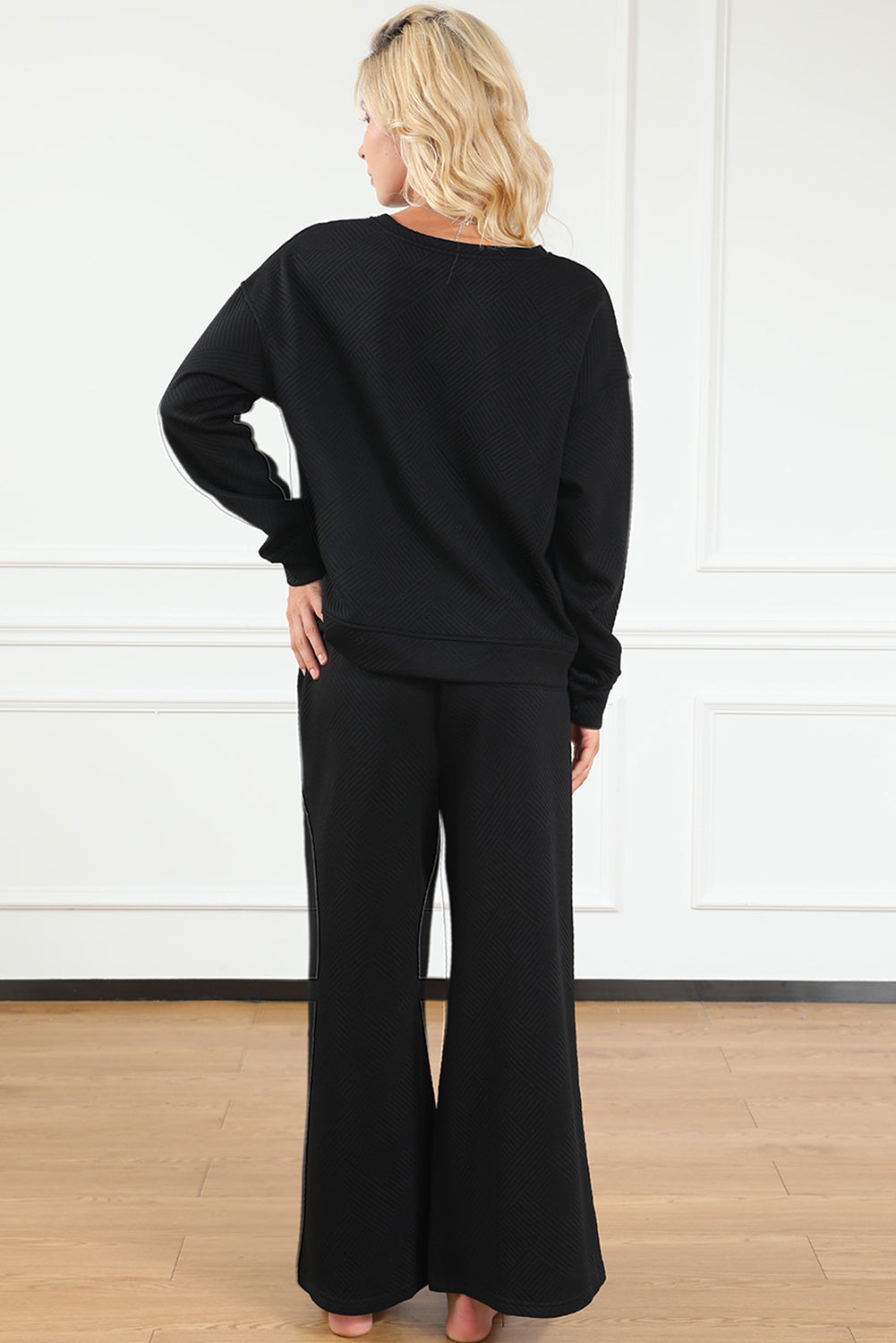 Navy blue ultra loose textured 2-piece slouchy outfit by Dear-Lover, featuring relaxed fit pants and top in polyester and elastane fabric.