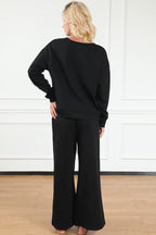 Navy blue ultra loose textured 2-piece slouchy outfit by Dear-Lover, featuring relaxed fit pants and top in polyester and elastane fabric.