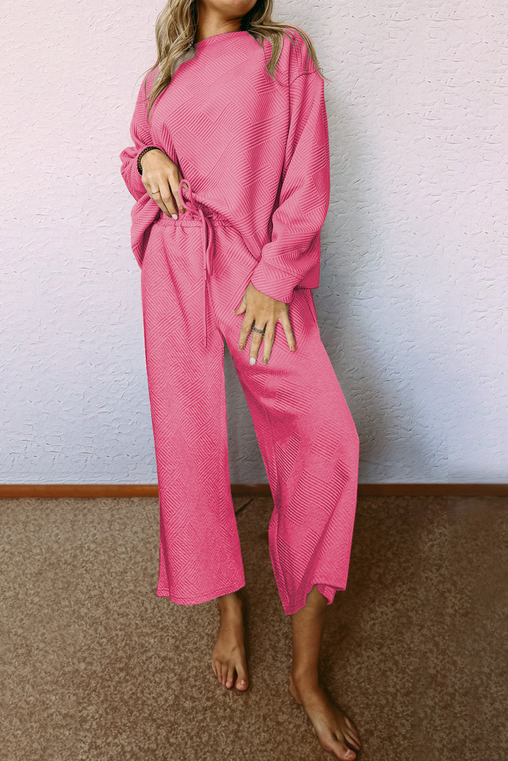 Navy blue ultra loose textured two-piece slouchy outfit by Dear-Lover Dropshipping, featuring relaxed fit pants and top.