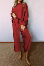 Navy blue ultra-loose textured two-piece slouchy outfit by Dear-Lover, featuring relaxed fit pants and top in polyester-elastane fabric.