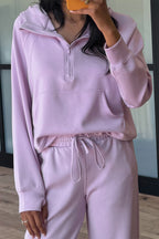 Dear-Lover Orchid Bouquet two-piece active set with half-zip hoodie and pants, featuring thumbhole sleeves in polyester, viscose, and elastane.