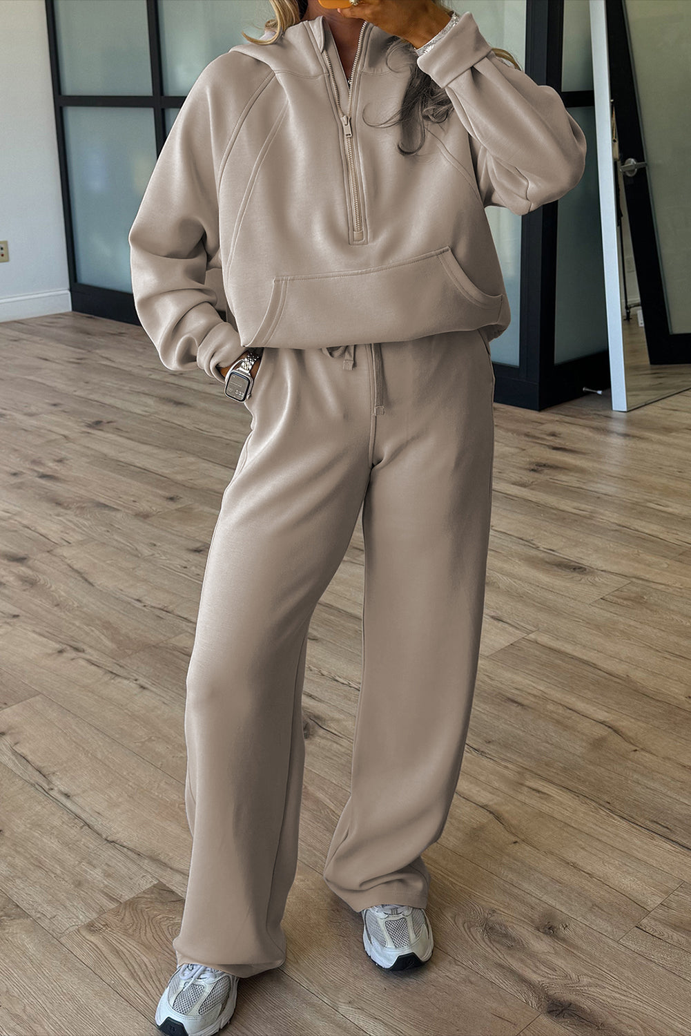 Dear-Lover orchid bouquet two-piece set with zip hoodie and active pants, featuring thumbhole sleeves and comfortable fabric.