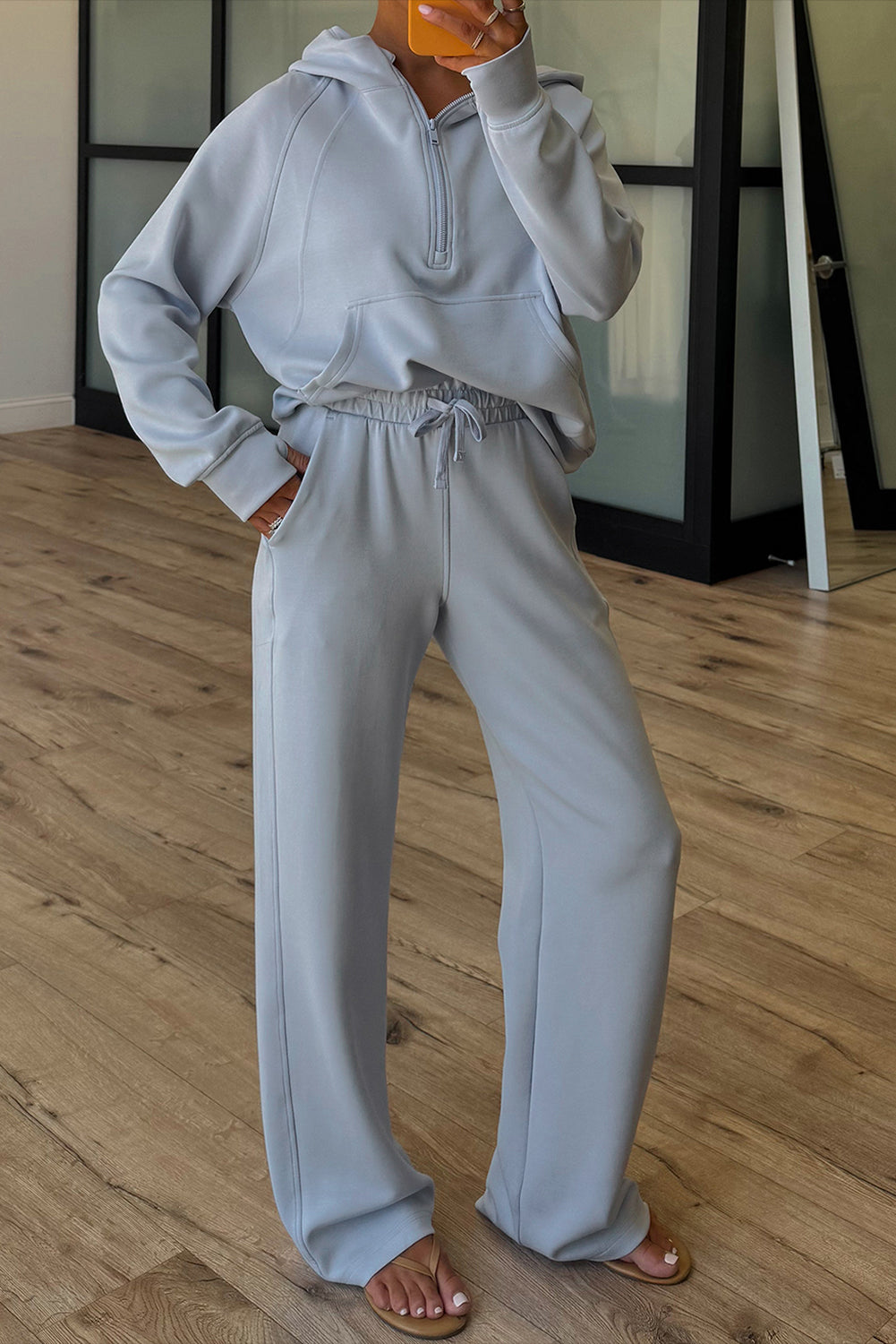 Dear-Lover orchid bouquet two-piece active set with hoodie and pants, featuring half-zip and thumbhole sleeves, polyester blend.