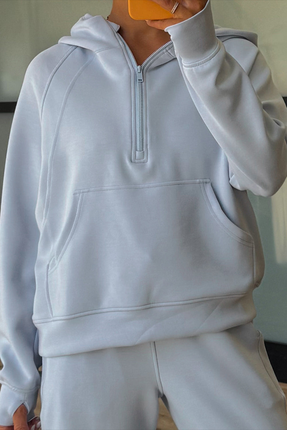 Dear-Lover orchid bouquet two-piece active hoodie and pants set with half-zip thumbhole sleeves, comfortable polyester-viscose blend.