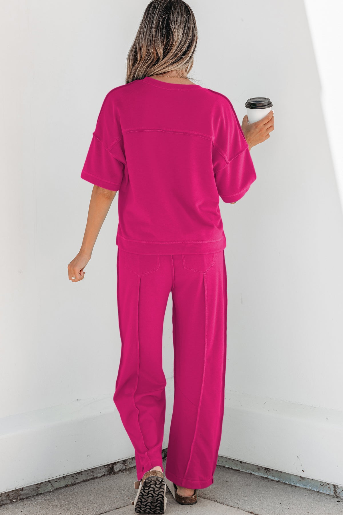 Dear-Lover Drop Shoulder Boxy Tee and Barrel Pants Set in orchid bouquet print, made of polyester and cotton fabric.