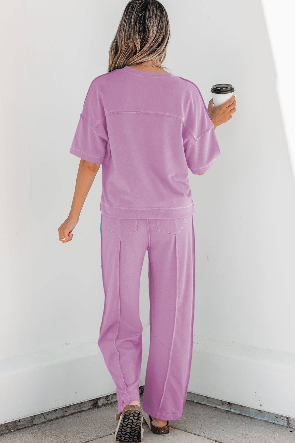 Drop Shoulder Boxy Tee and Barrel Pants set by Dear-Lover, featuring a floral orchid bouquet design in polyester and cotton fabric.