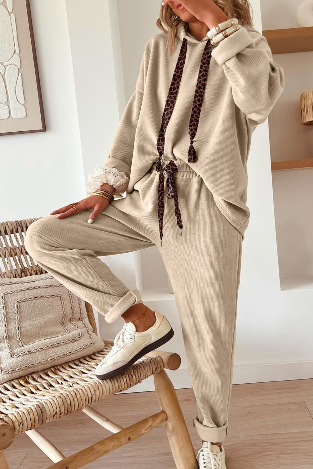 Dear-Lover leopard print two-piece set with a drawstring hoodie and high-waist corduroy pants, casual and stylish women's loungewear.