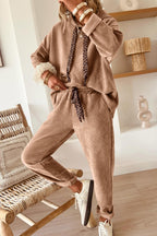 Dear-Lover leopard print two-piece hoodie and high-waist corduroy pants set, soft fabric, casual streetwear style.
