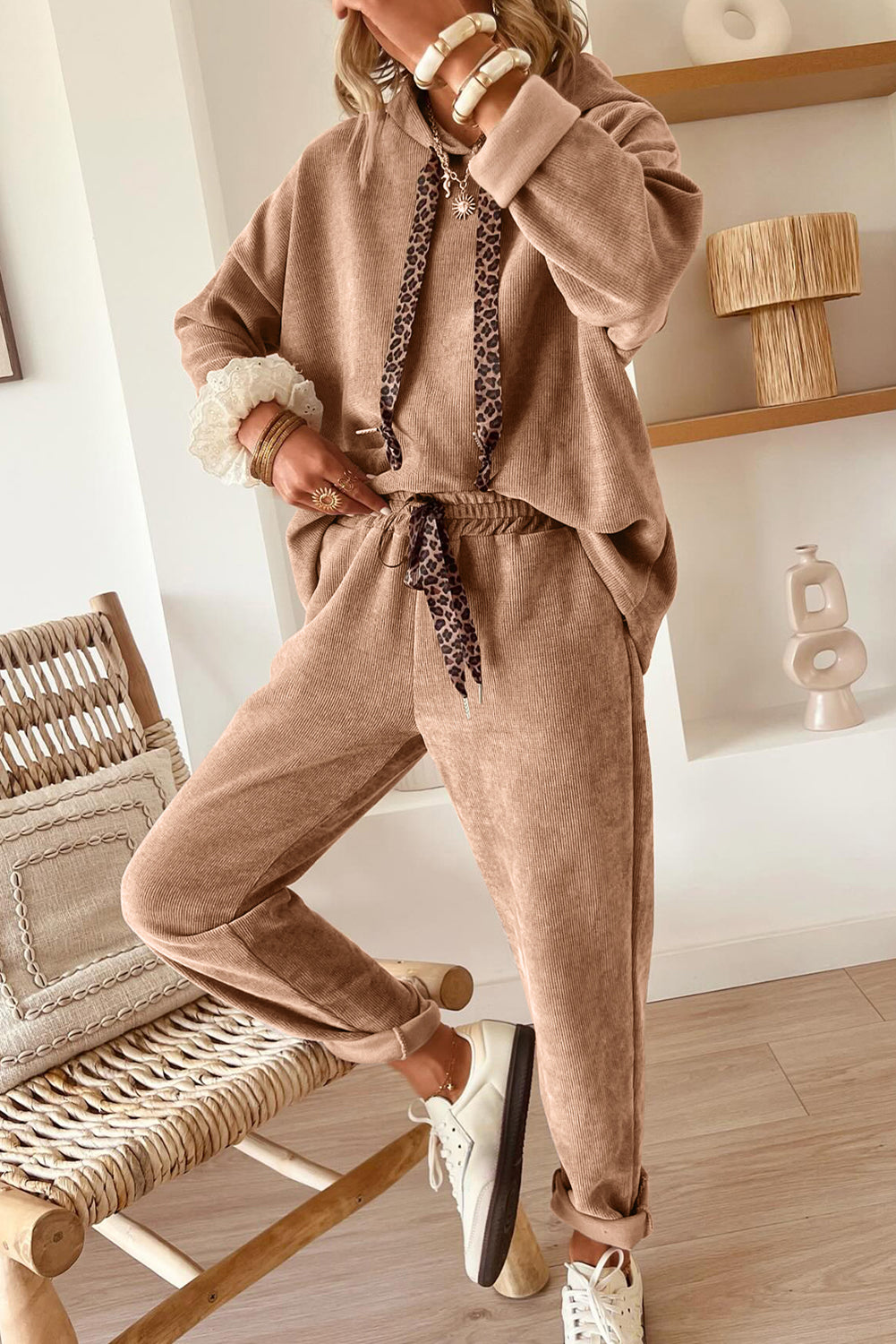 Dear-Lover leopard print two-piece hoodie and high-waist corduroy pants set, soft fabric, casual streetwear style.