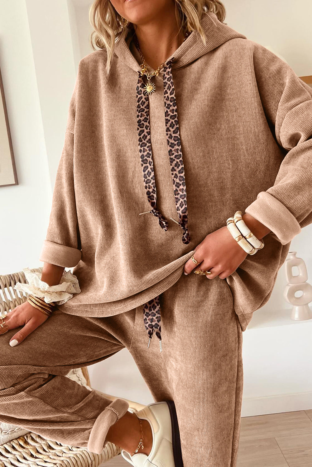 Dear-Lover leopard print hoodie and high-waist corduroy pants two-piece set, casual pullover with drawstring and comfortable fit.