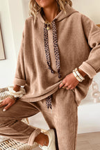 Dear-Lover leopard print hoodie and high-waist corduroy pants two-piece set, casual pullover with drawstring and comfortable fit.