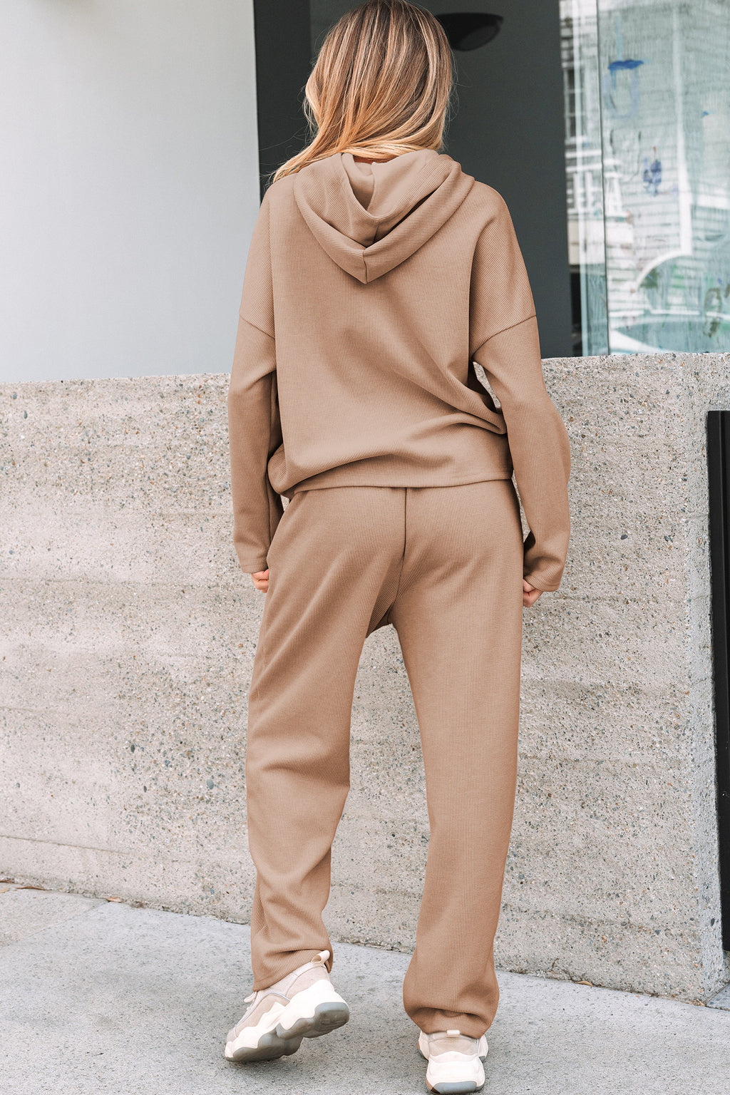 Dear-Lover Leopard print pullover hoodie and high-waist corduroy pants two-piece set, casual and stylish, in parchment color.