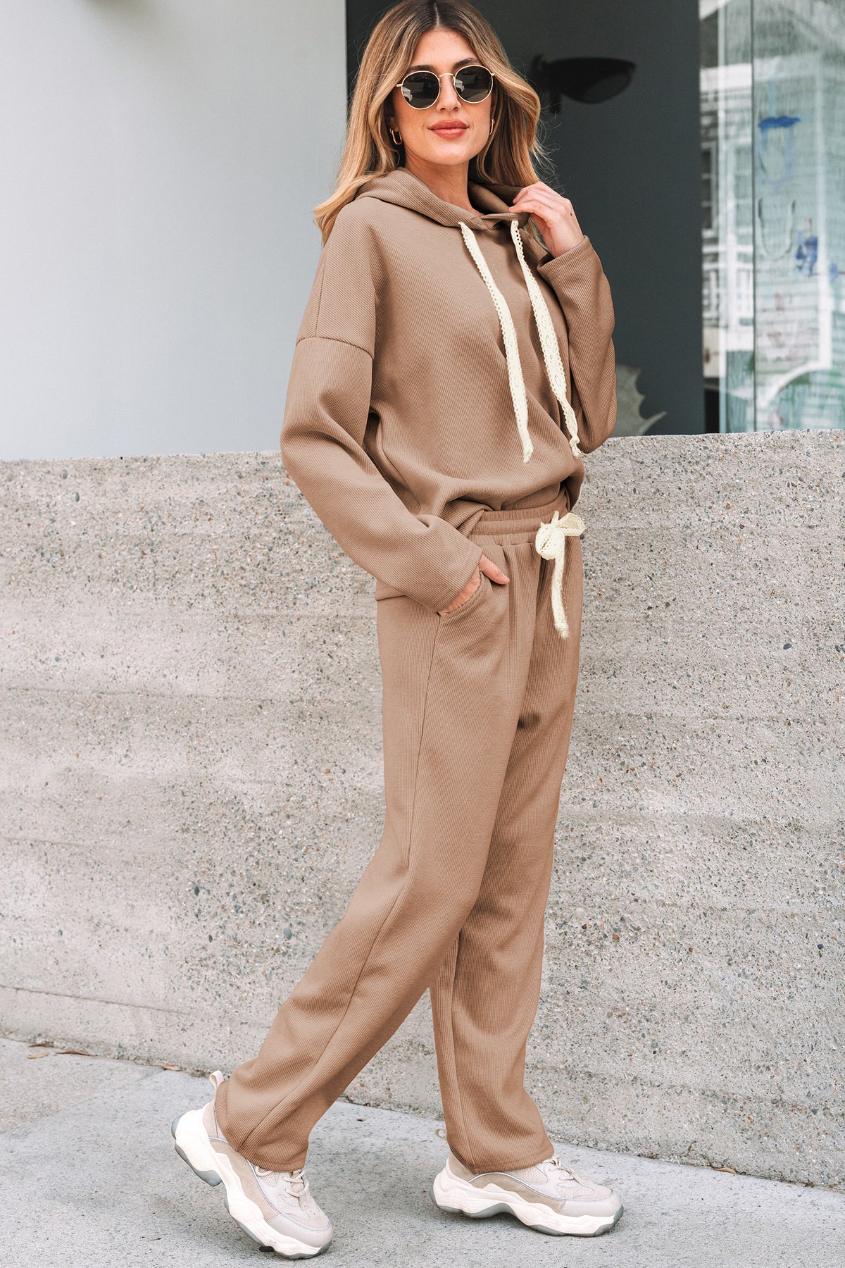 Dear-Lover leopard print two-piece hoodie and high-waist corduroy pants set, casual stylish loungewear for women.