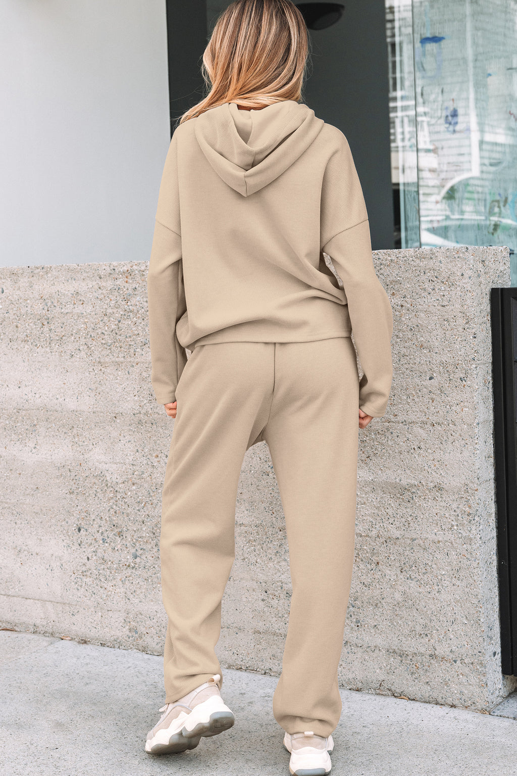 Dear-Lover leopard print drawstring hoodie and high-rise corduroy pants two-piece set, casual stylish loungewear ensemble.