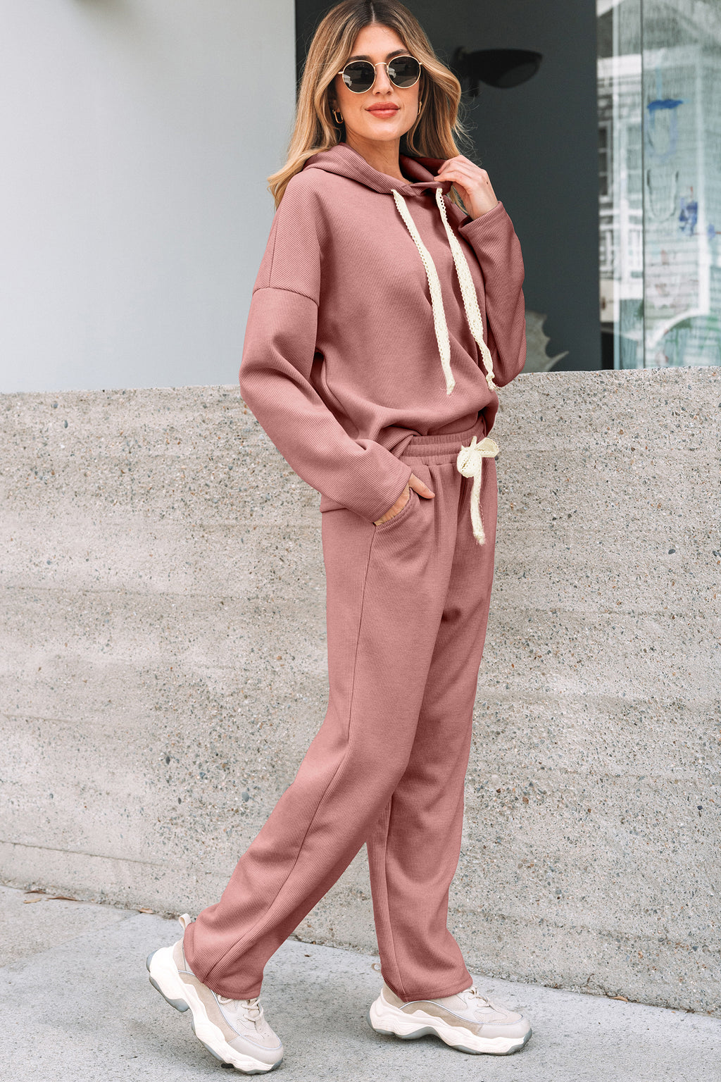 Leopard print drawstring hoodie and high-waist corduroy pants set by Dear-Lover, stylish two-piece outfit for casual wear.