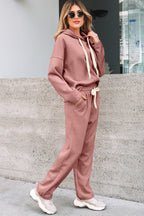 Leopard print drawstring hoodie and high-waist corduroy pants set by Dear-Lover, stylish two-piece outfit for casual wear.