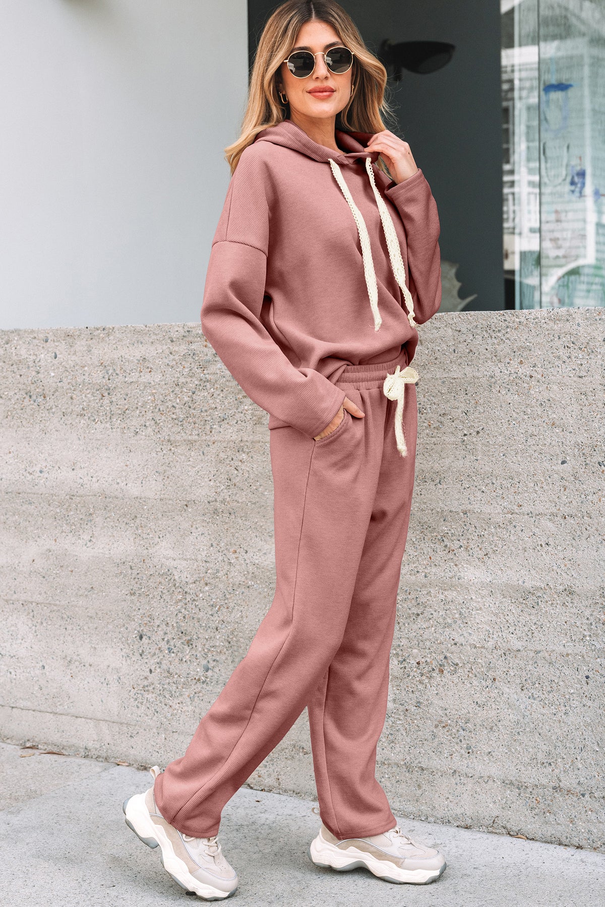 Leopard print drawstring hoodie and high-waist corduroy pants set by Dear-Lover, stylish two-piece outfit for casual wear.