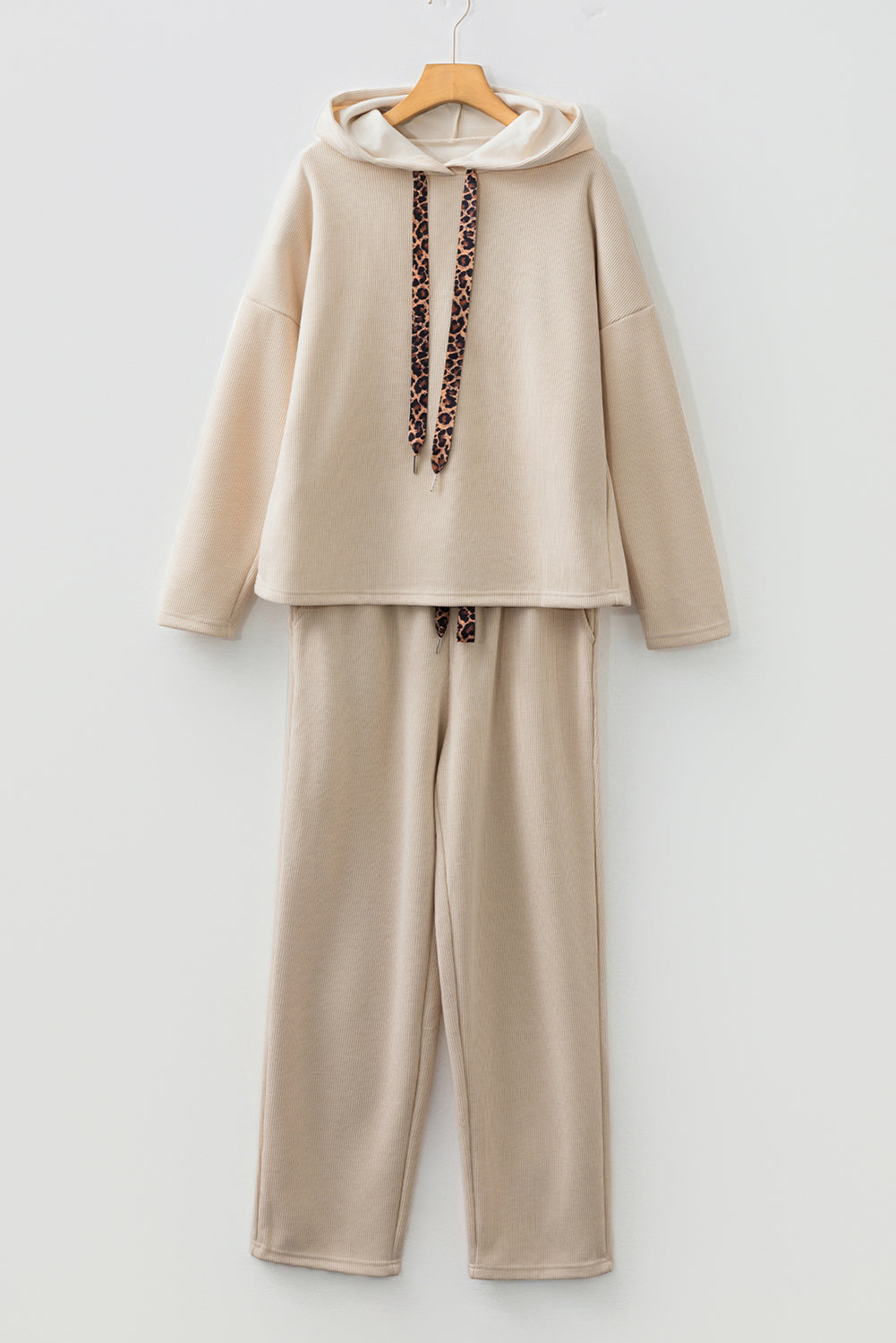 Dear-Lover leopard print pullover hoodie and high-waist corduroy pants two-piece set, casual and stylish for comfortable wear.