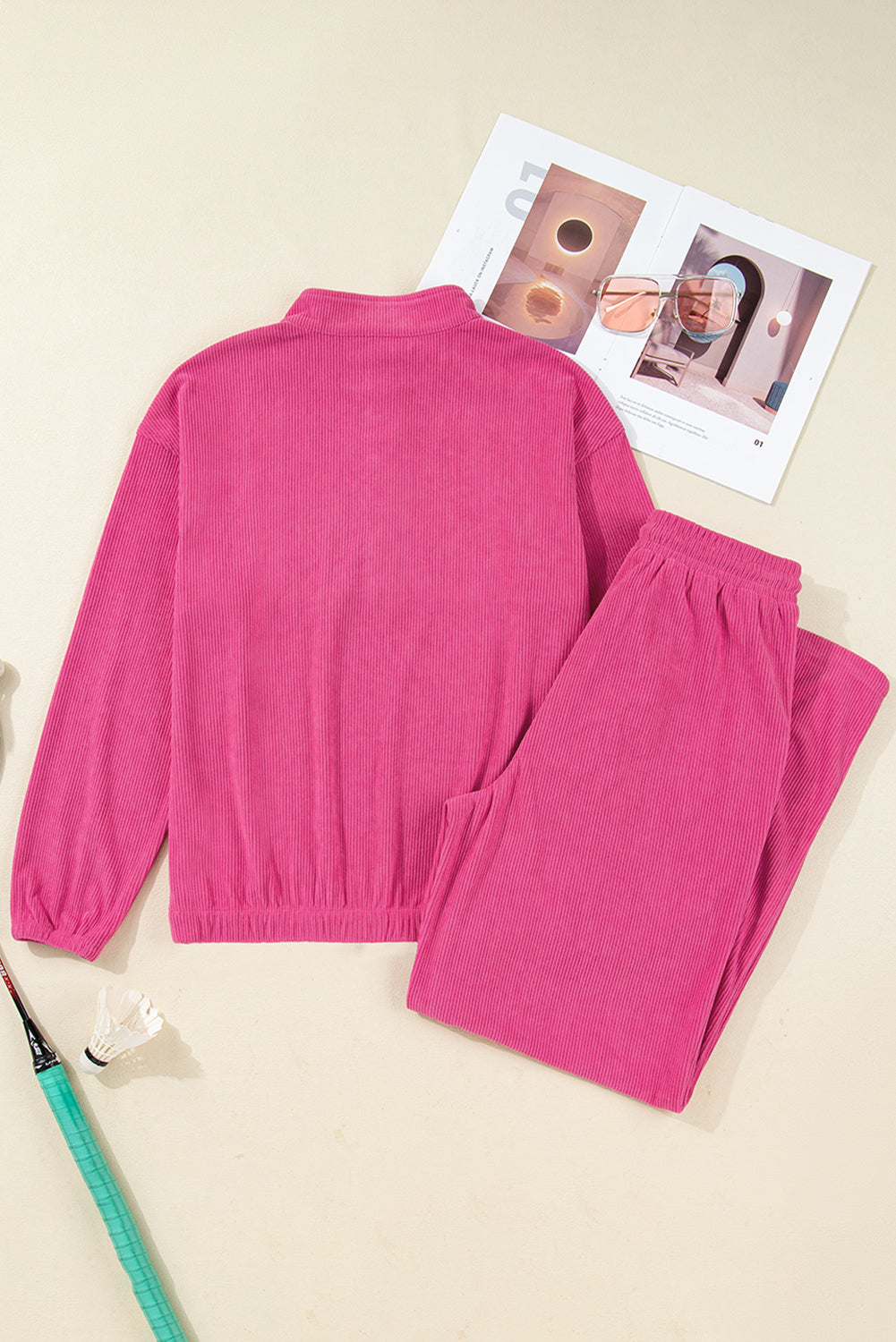 Dear-Lover peach blossom two-piece set with half-button pullover and drawstring corduroy pants in solid color, casual and stylish.