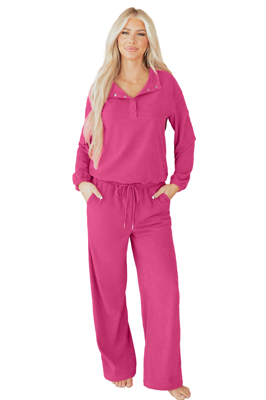 Dear-Lover peach blossom two-piece set with half-button pullover and drawstring corduroy pants in solid color, casual stylish outfit