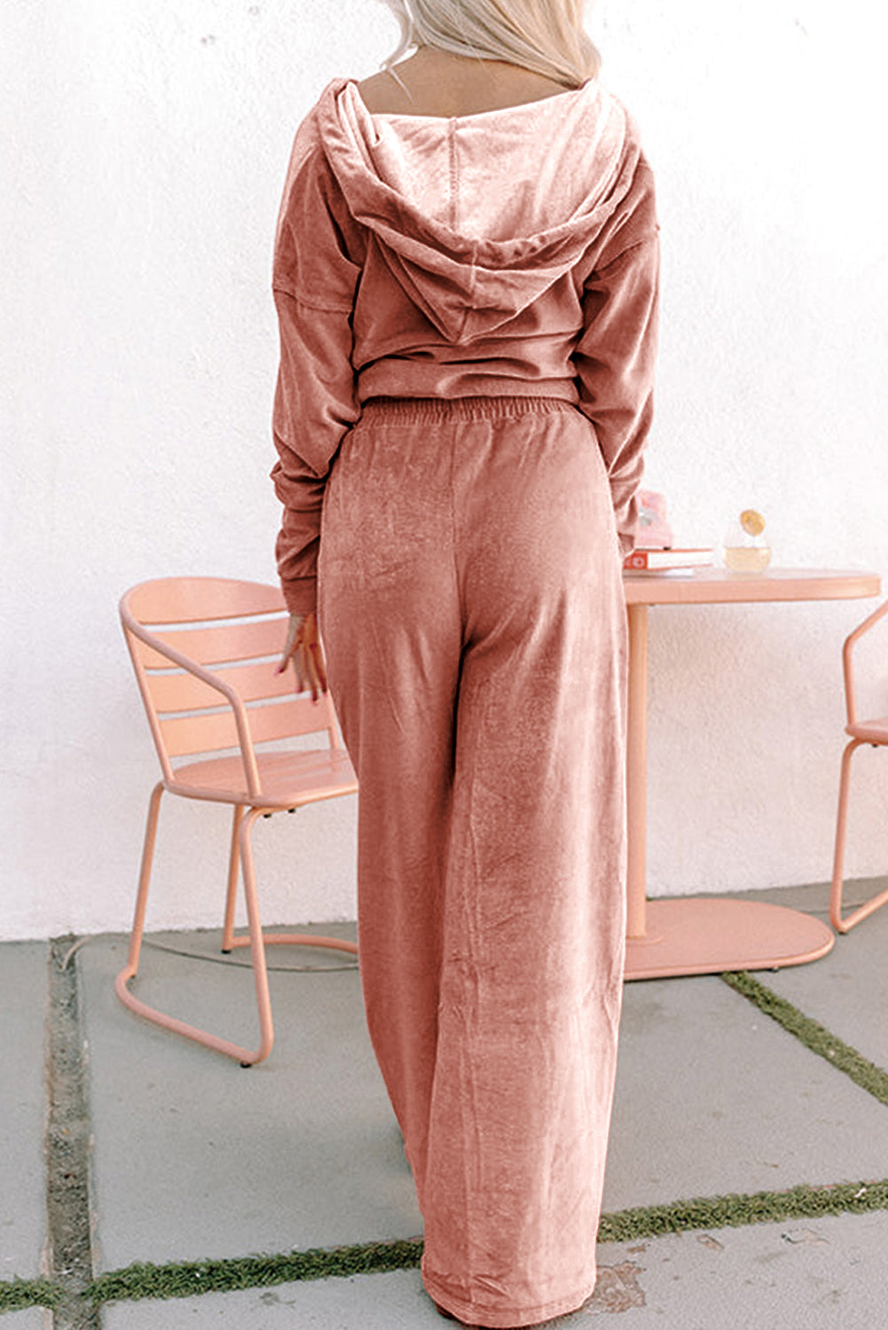 Peach velvet zip-up hoodie and wide-leg pants set by Dear-Lover, two-piece pant set with soft polyester fabric and casual style.