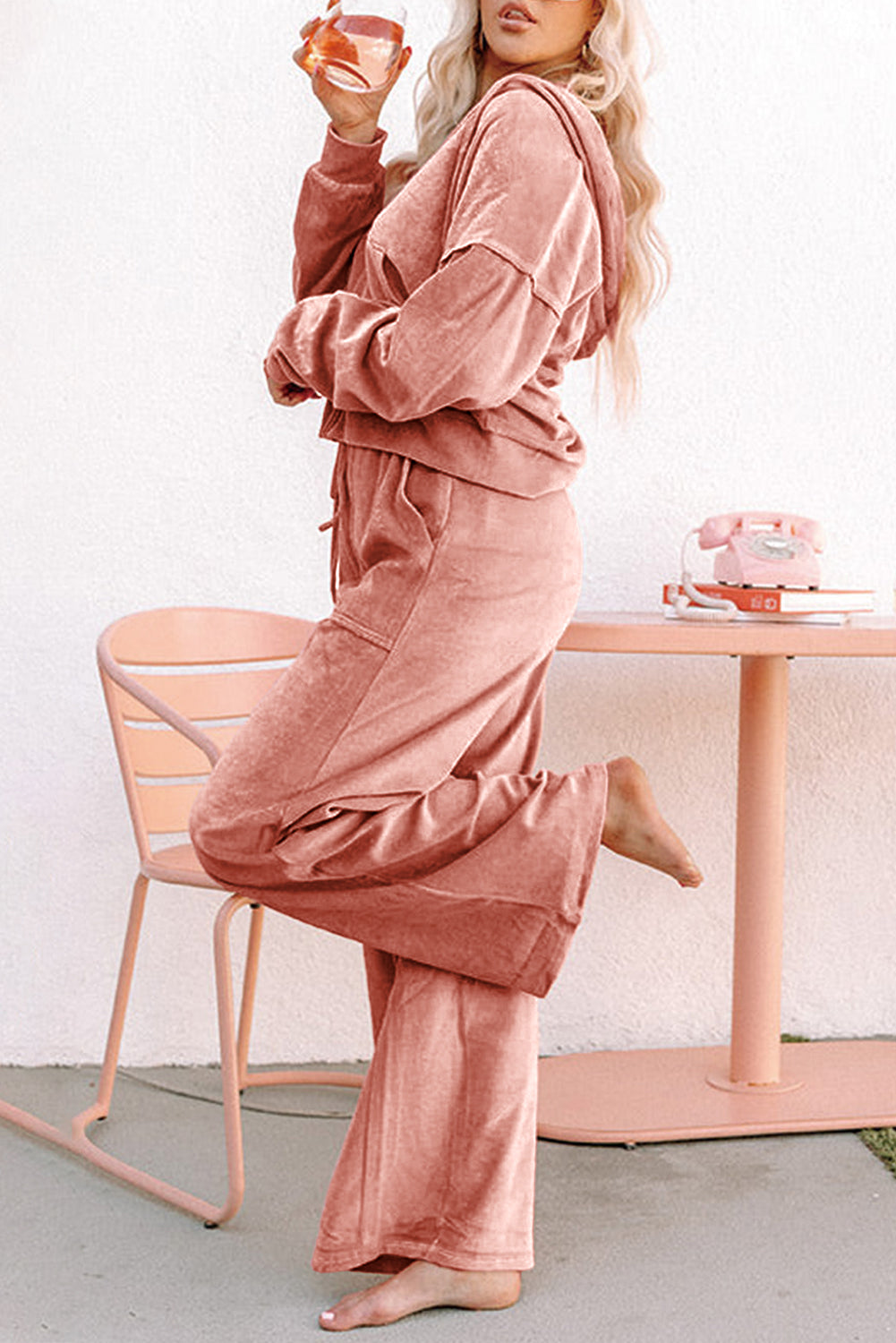 Velvet peach-blossom zip-up hoodie and wide-leg pants set by Dear-Lover, featuring a soft polyester fabric and casual style.