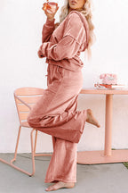 Velvet peach-blossom zip-up hoodie and wide-leg pants set by Dear-Lover, featuring a soft polyester fabric and casual style.