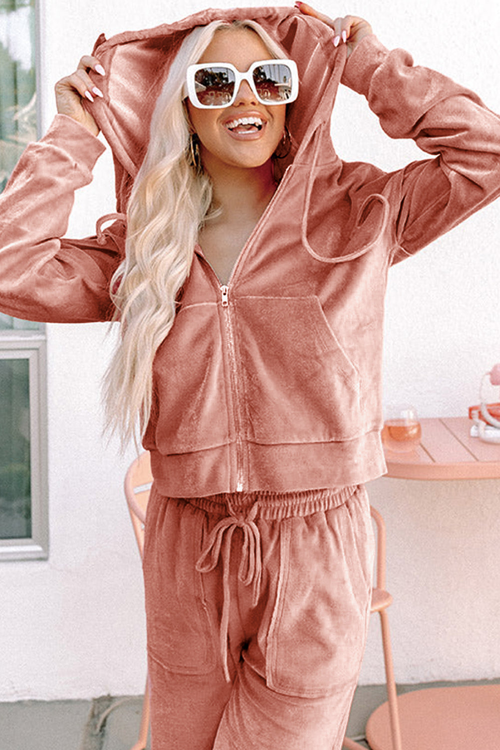Velvet peach blossom zip-up hoodie and wide-leg pants set by Dear-Lover, made of soft polyester fabric, stylish two-piece outfit.
