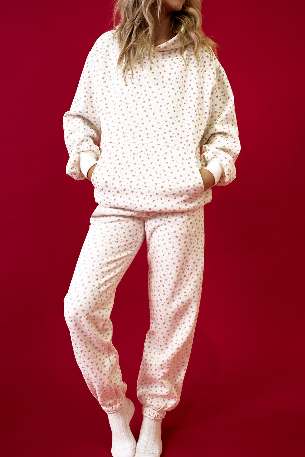 Pink floral print hoodie and sweatpants set by Dear-Lover, featuring kangaroo pocket and comfortable sheath style two-piece set.